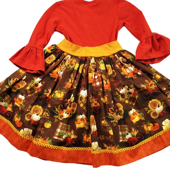 NEW KPea Original Fall Harvest Print Ruffle Sleeve Thanksgiving Holiday Dress - Picture 2 of 11